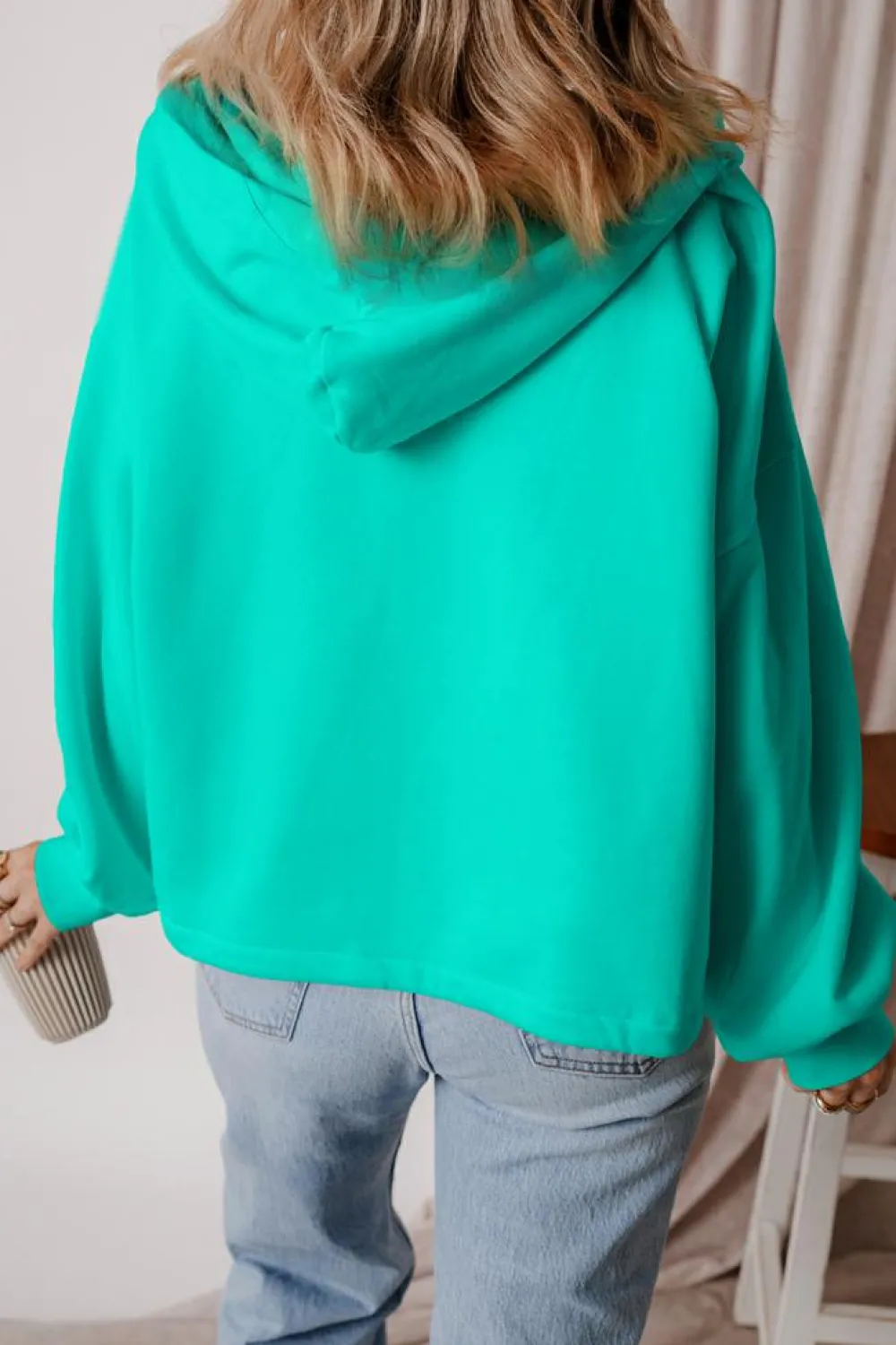 Sale Dear-Lover Fleece Lined Half Zipper Kangaroo Pockets Loose Hoodie Aruba Blue