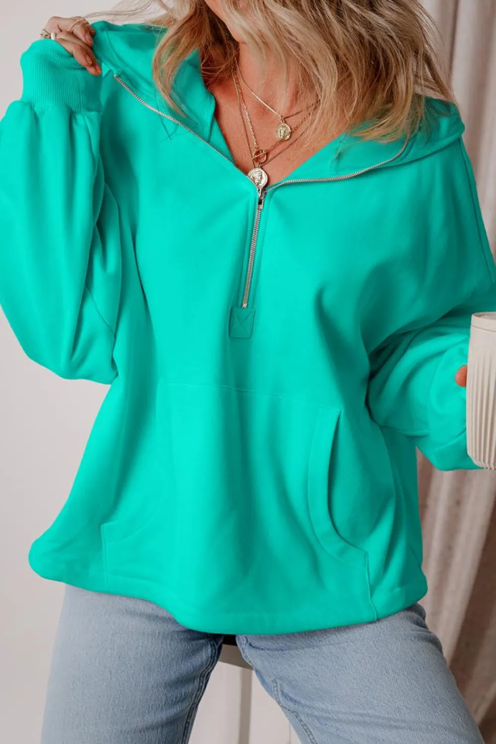 Sale Dear-Lover Fleece Lined Half Zipper Kangaroo Pockets Loose Hoodie Aruba Blue