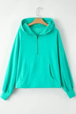 Sale Dear-Lover Fleece Lined Half Zipper Kangaroo Pockets Loose Hoodie Aruba Blue