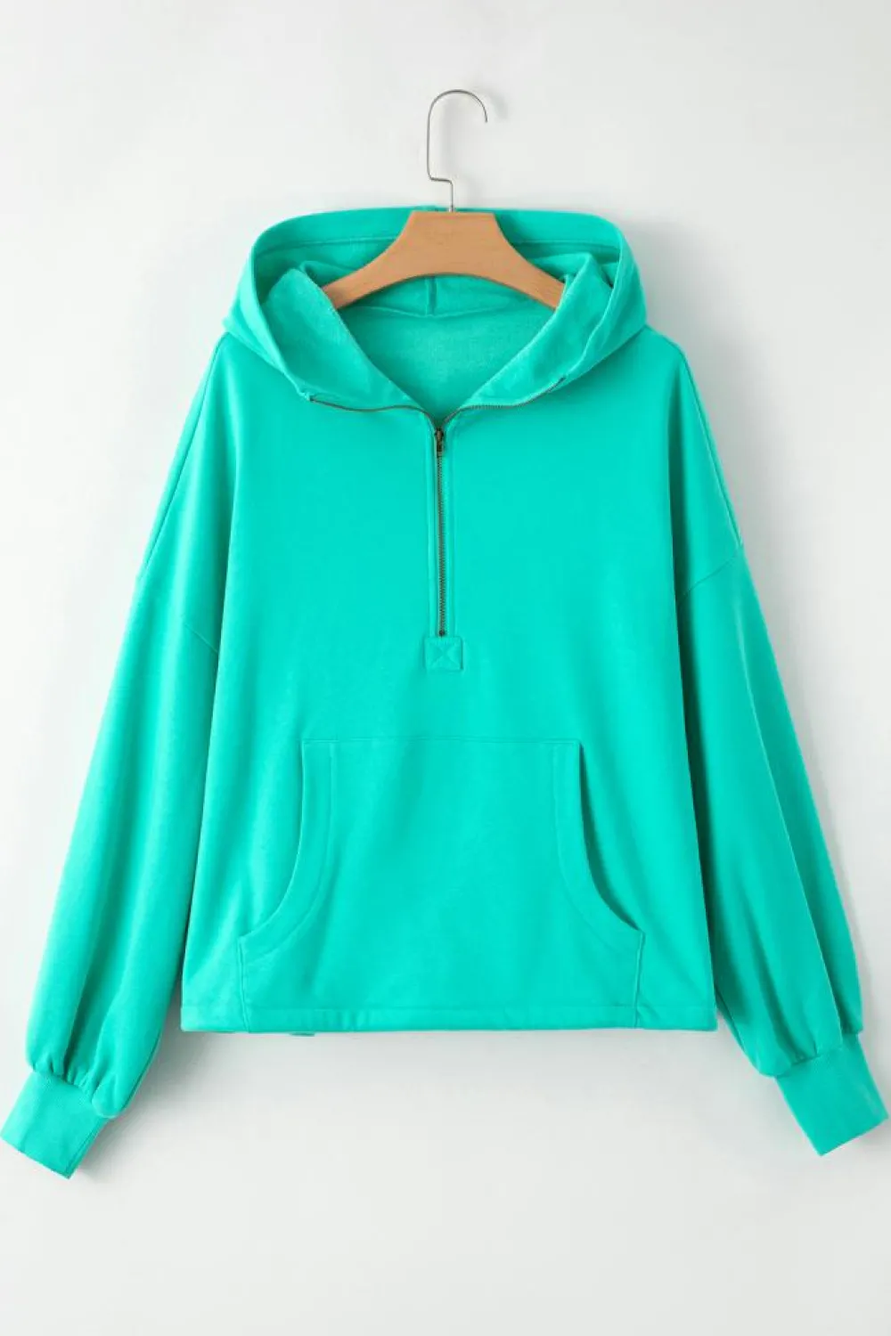 Sale Dear-Lover Fleece Lined Half Zipper Kangaroo Pockets Loose Hoodie Aruba Blue