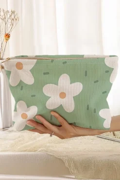 New Dear-Lover Flower Print Zipper Corduroy Big Cosmetic Bag Aruba Blue