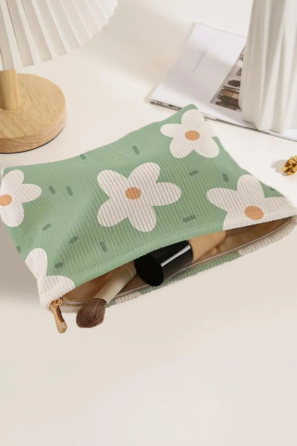 New Dear-Lover Flower Print Zipper Corduroy Big Cosmetic Bag Aruba Blue