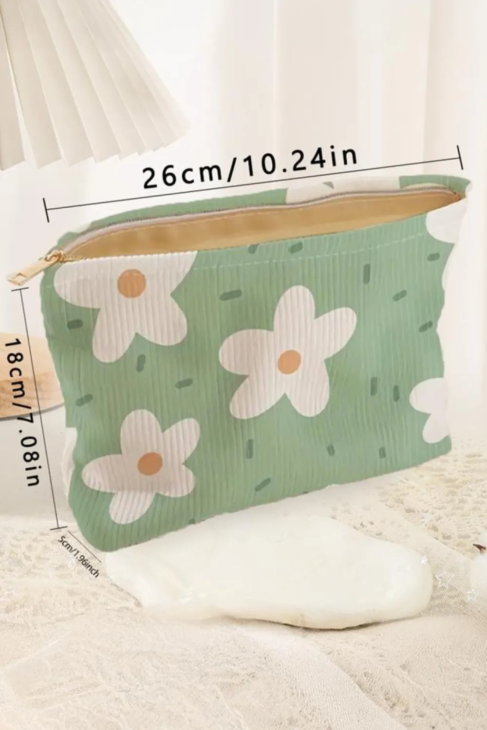 New Dear-Lover Flower Print Zipper Corduroy Big Cosmetic Bag Aruba Blue