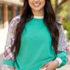 Fashion Dear-Lover Plaid Vintage Paisley Patchwork Long Sleeve Raglan Top Aruba Blue