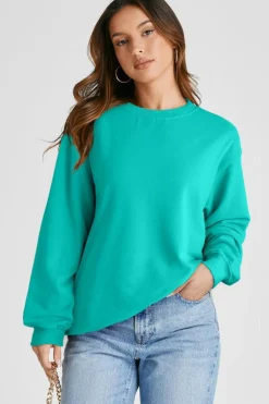 Online Dear-Lover Plain Drop Shoulder Crewneck Pullover Sweatshirt Aruba Blue