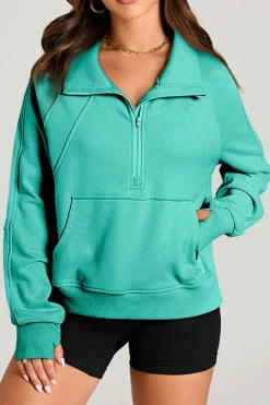 Discount Dear-Lover Quarter Zip Stand Neck Kangaroo Pocket Sweatshirt Aruba Blue