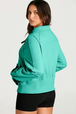 Discount Dear-Lover Quarter Zip Stand Neck Kangaroo Pocket Sweatshirt Aruba Blue