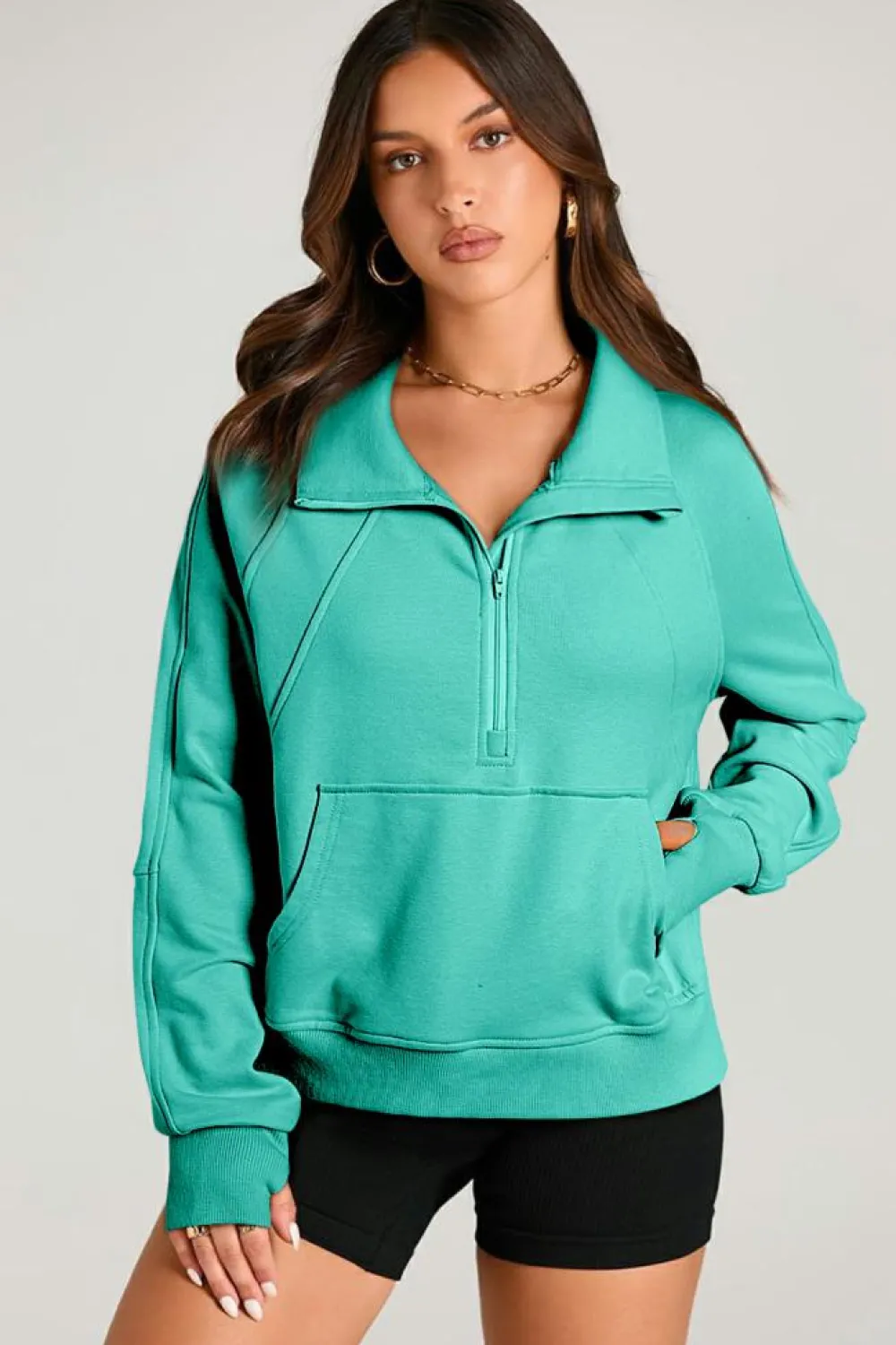 Discount Dear-Lover Quarter Zip Stand Neck Kangaroo Pocket Sweatshirt Aruba Blue