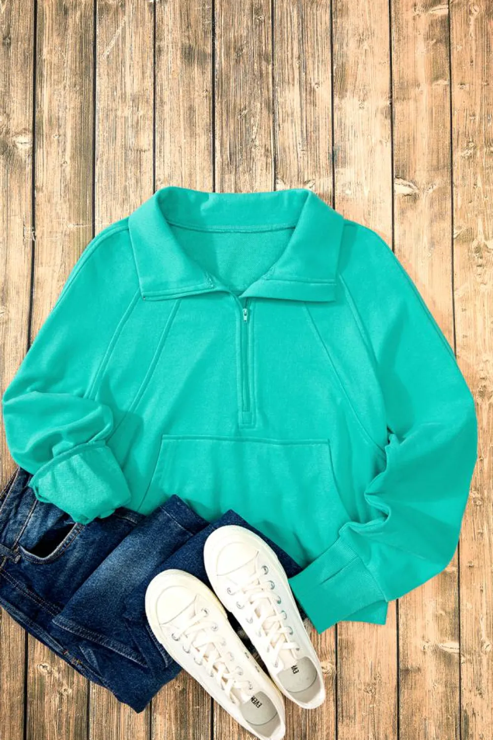 Discount Dear-Lover Quarter Zip Stand Neck Kangaroo Pocket Sweatshirt Aruba Blue