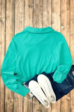 Discount Dear-Lover Quarter Zip Stand Neck Kangaroo Pocket Sweatshirt Aruba Blue