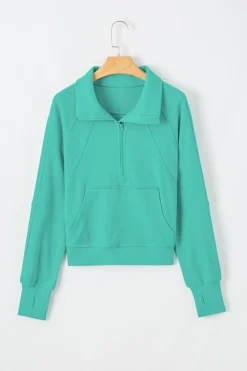 Discount Dear-Lover Quarter Zip Stand Neck Kangaroo Pocket Sweatshirt Aruba Blue