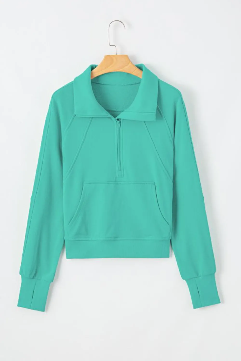 Discount Dear-Lover Quarter Zip Stand Neck Kangaroo Pocket Sweatshirt Aruba Blue