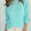 Hot Dear-Lover Solid Color Corded Knit Round Neck Top Aruba Blue