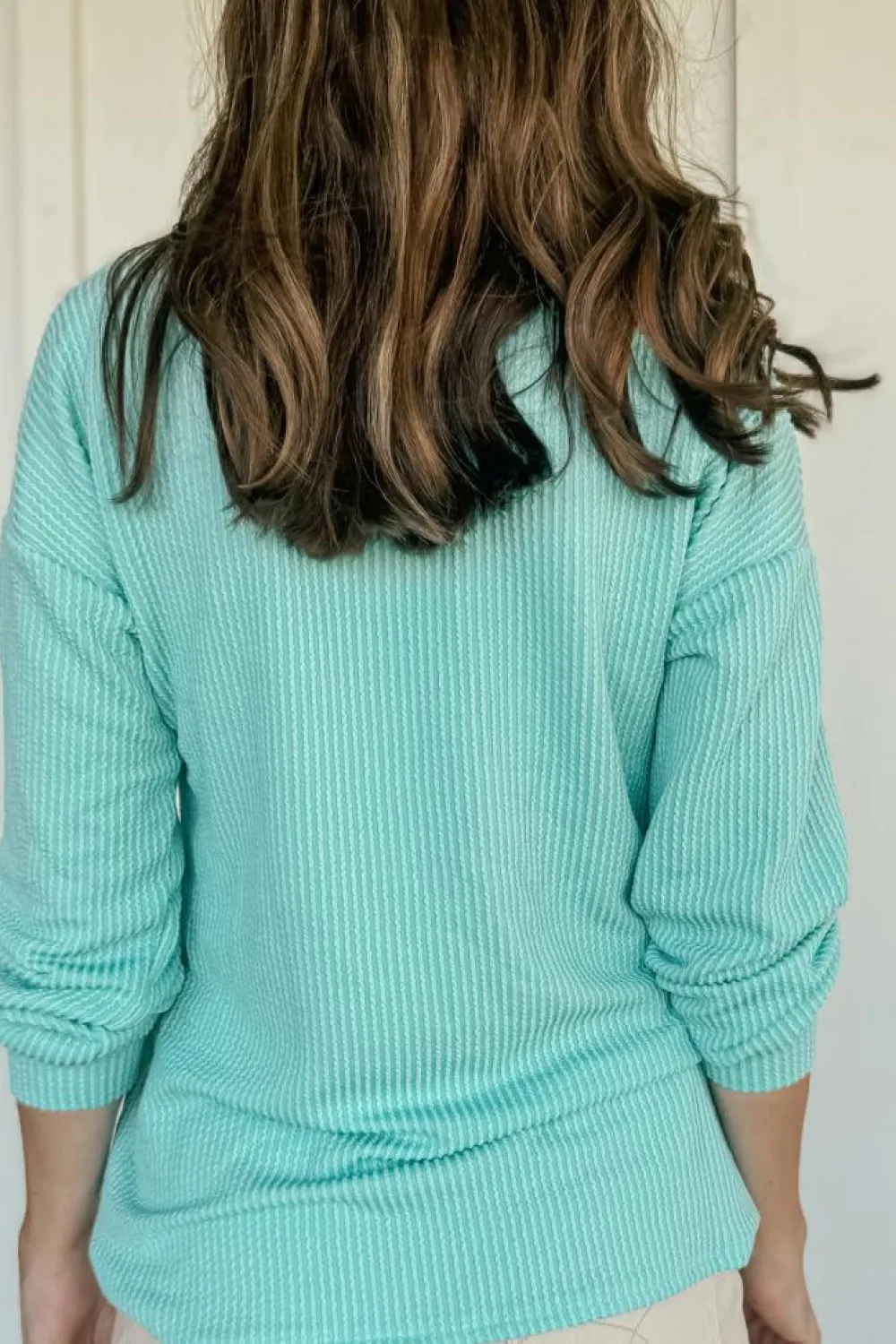 Hot Dear-Lover Solid Color Corded Knit Round Neck Top Aruba Blue