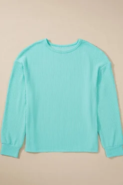 Hot Dear-Lover Solid Color Corded Knit Round Neck Top Aruba Blue