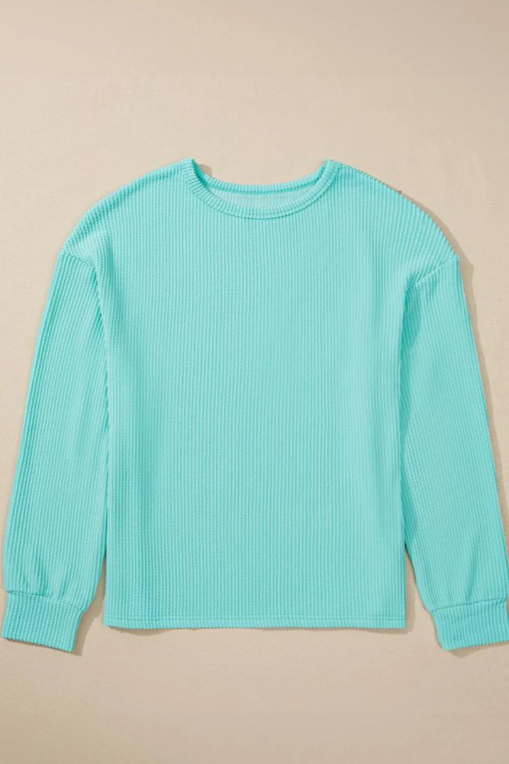 Hot Dear-Lover Solid Color Corded Knit Round Neck Top Aruba Blue