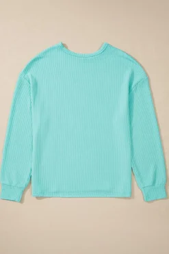 Hot Dear-Lover Solid Color Corded Knit Round Neck Top Aruba Blue