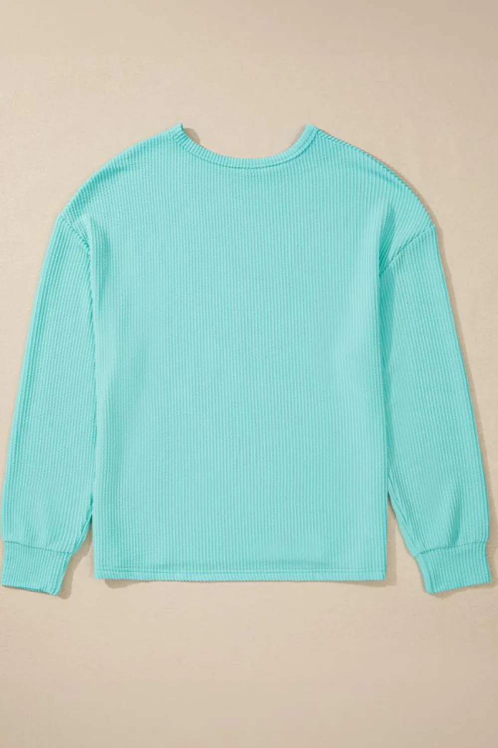 Hot Dear-Lover Solid Color Corded Knit Round Neck Top Aruba Blue