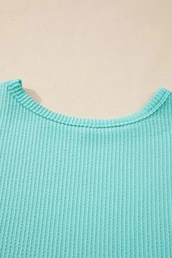 Hot Dear-Lover Solid Color Corded Knit Round Neck Top Aruba Blue