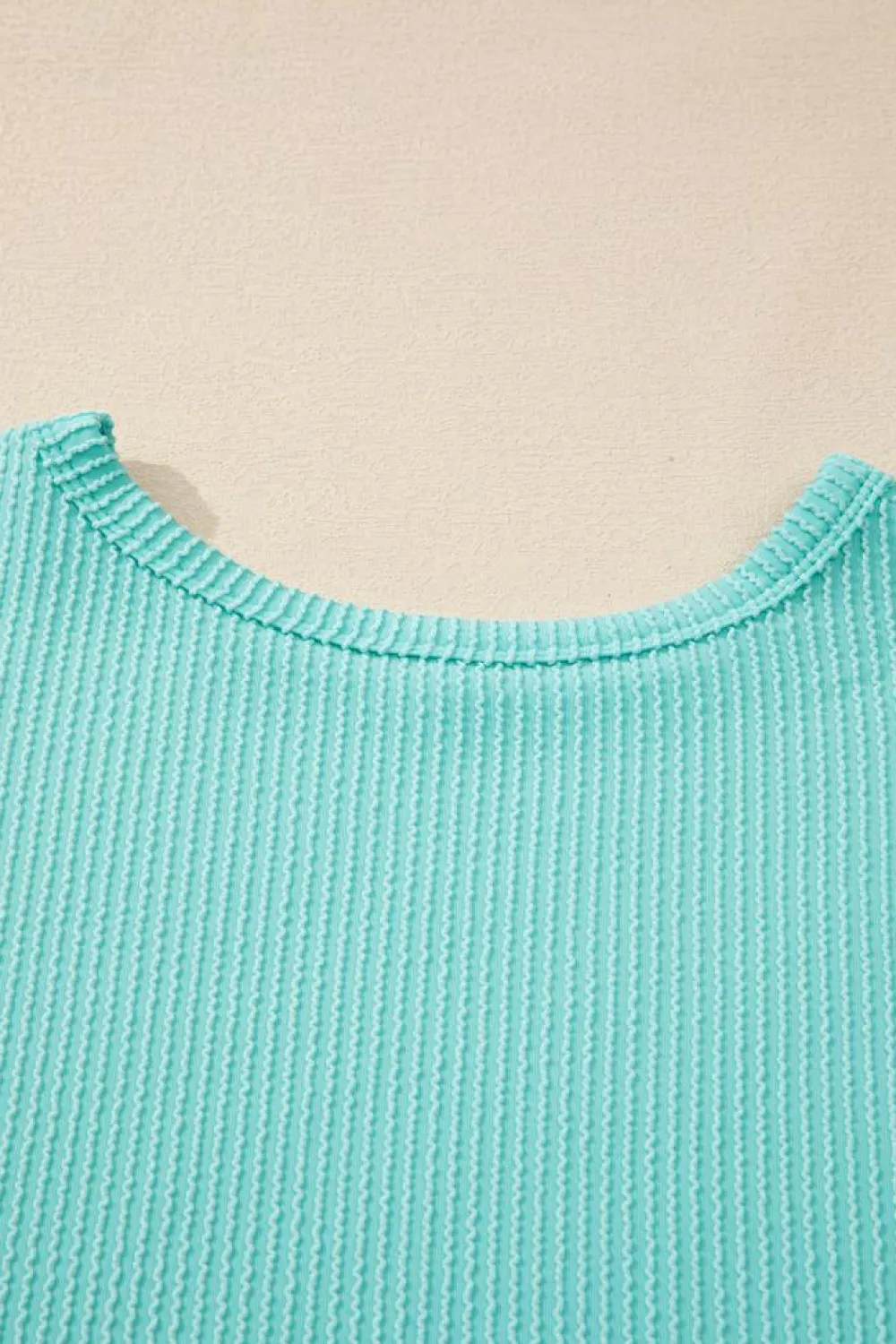 Hot Dear-Lover Solid Color Corded Knit Round Neck Top Aruba Blue