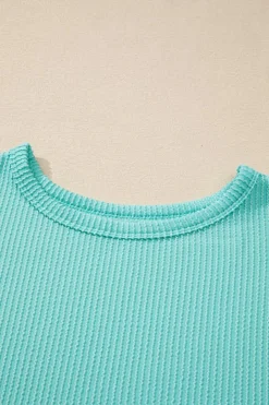 Hot Dear-Lover Solid Color Corded Knit Round Neck Top Aruba Blue