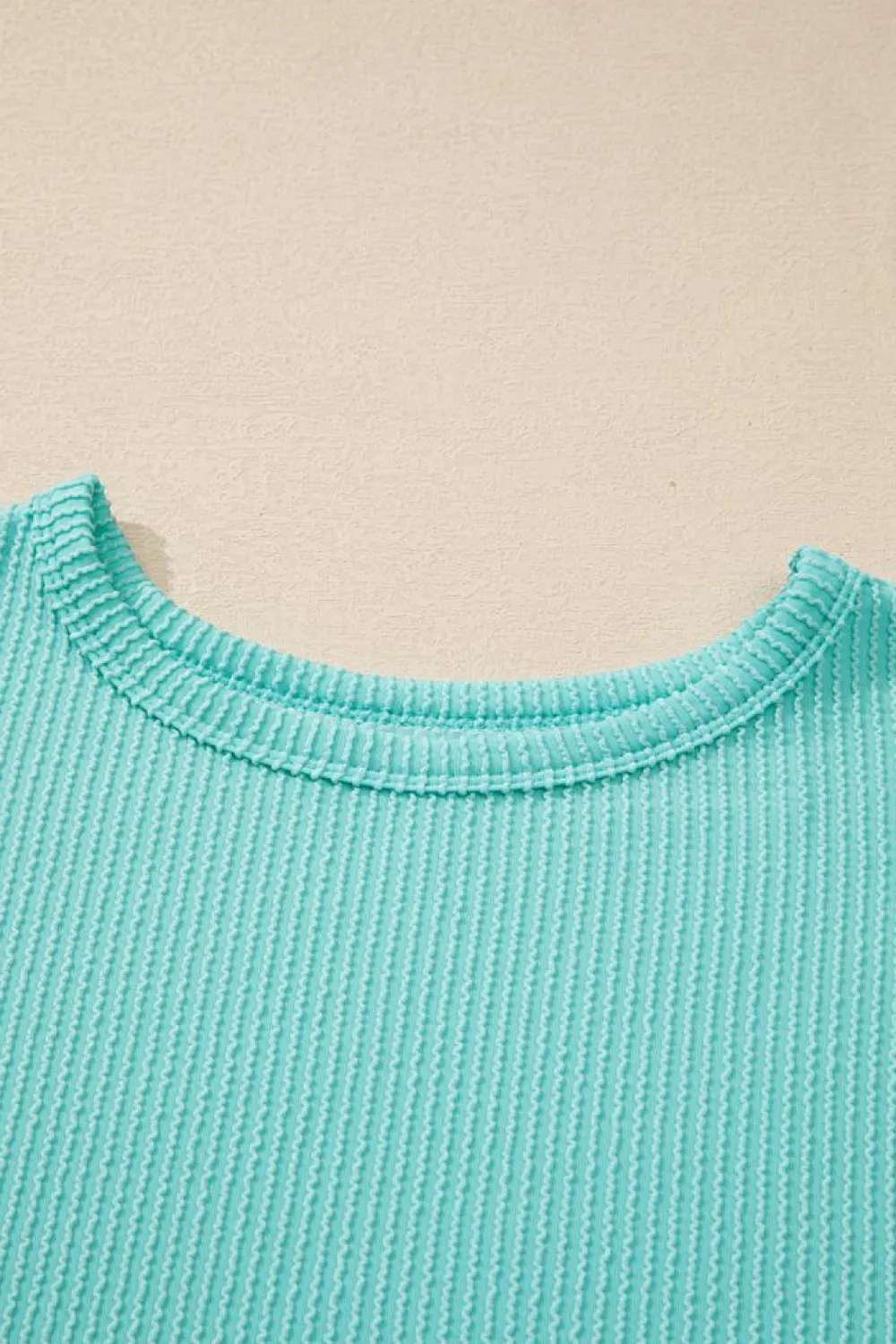 Hot Dear-Lover Solid Color Corded Knit Round Neck Top Aruba Blue