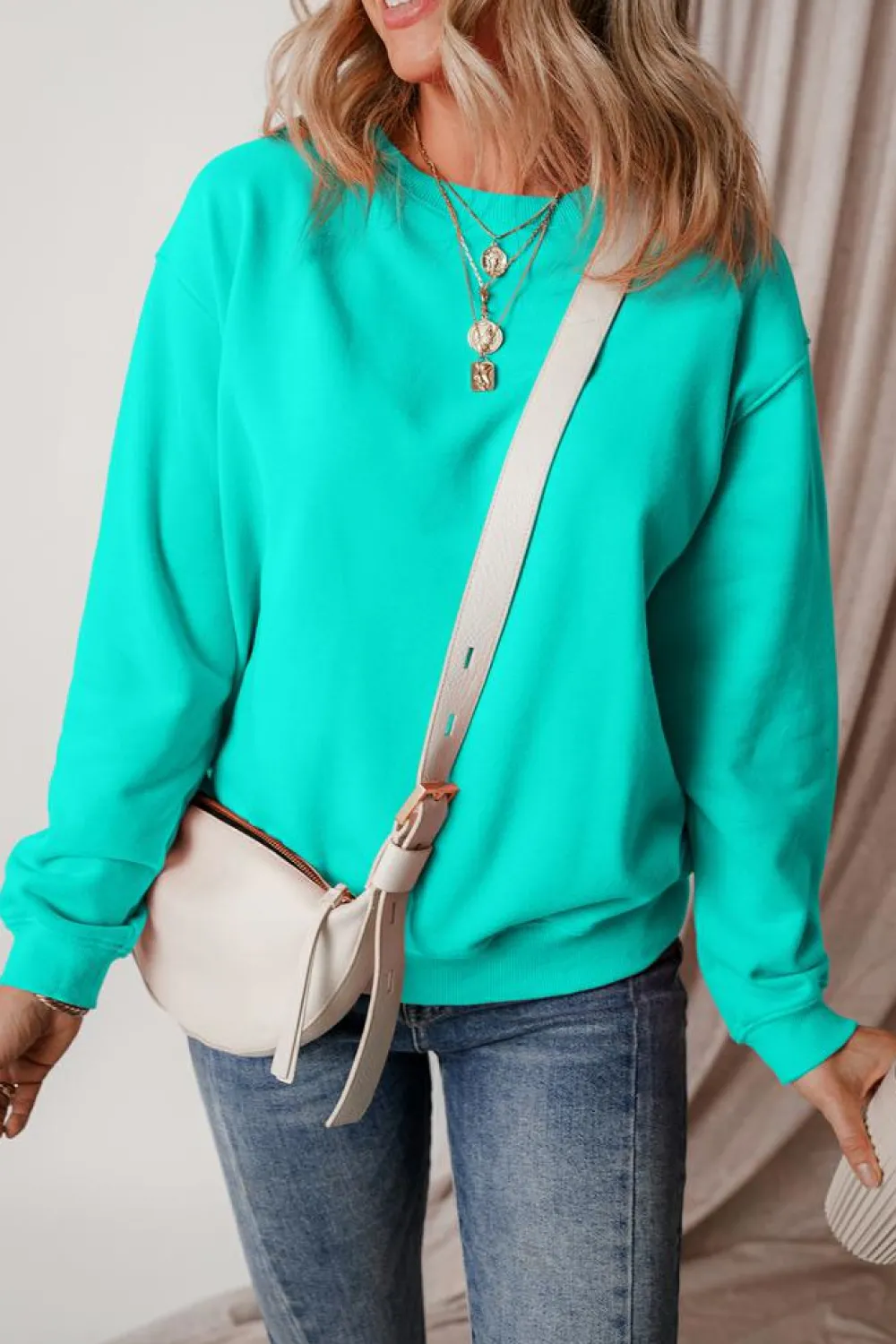 Clearance Dear-Lover Solid Fleece Lined Drop Shoulder Terry Sweatshirt Aruba Blue