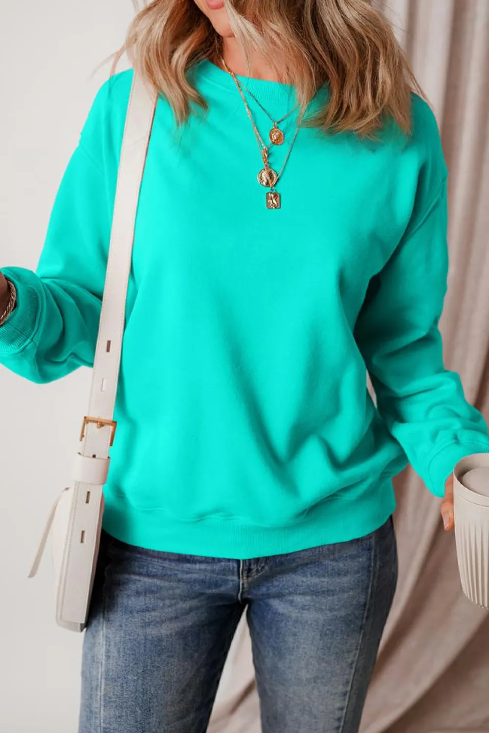 Clearance Dear-Lover Solid Fleece Lined Drop Shoulder Terry Sweatshirt Aruba Blue