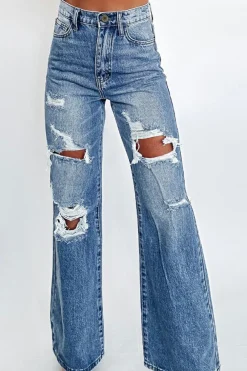Sale Dear-Lover Acid Wash Distressed Wide Leg High Waist Jeans Ashleigh Blue