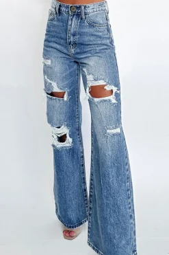 Sale Dear-Lover Acid Wash Distressed Wide Leg High Waist Jeans Ashleigh Blue