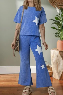 Fashion Dear-Lover Acid Wash Star Patched Rolled Trim Pants Set Ashleigh Blue