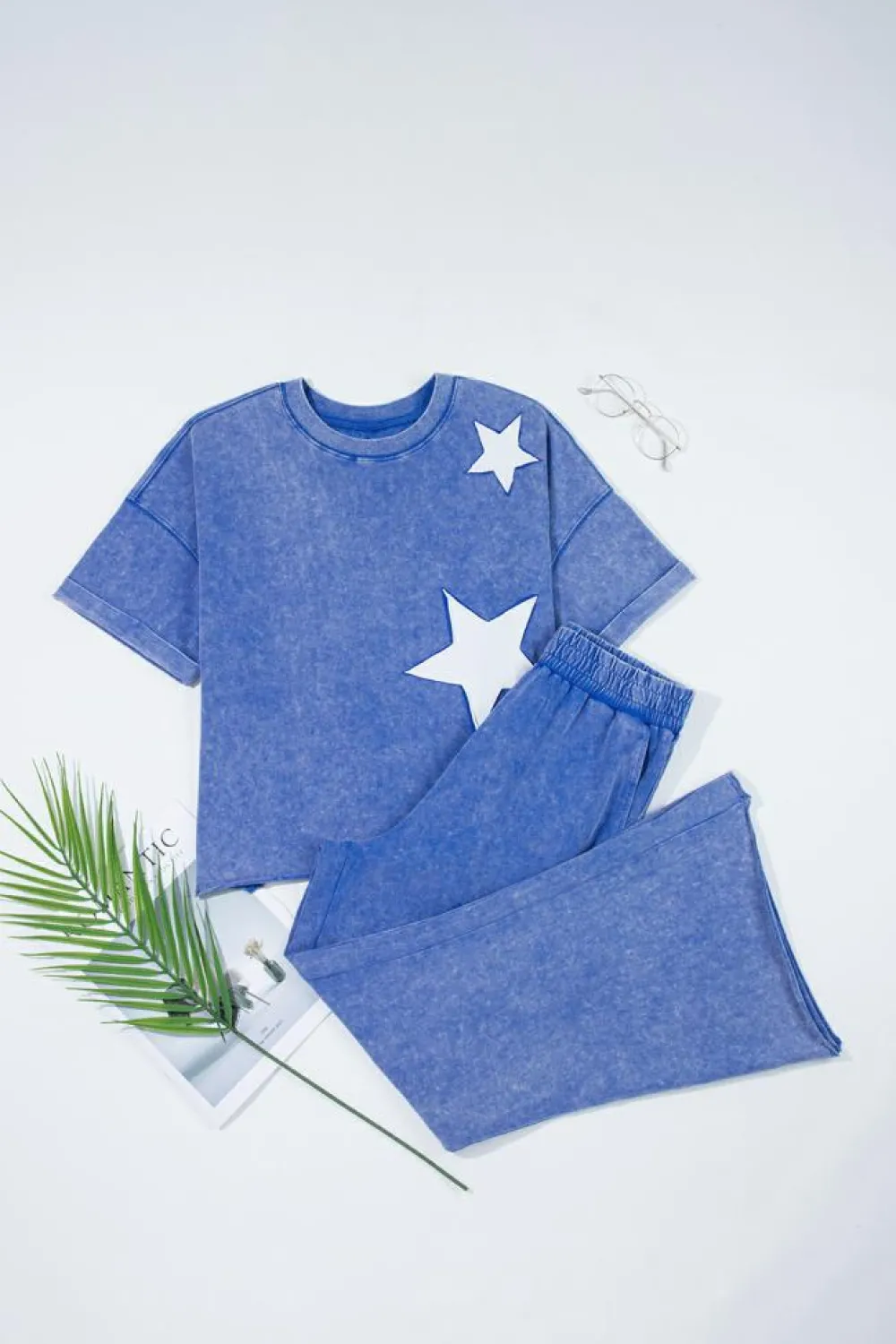 Fashion Dear-Lover Acid Wash Star Patched Rolled Trim Pants Set Ashleigh Blue