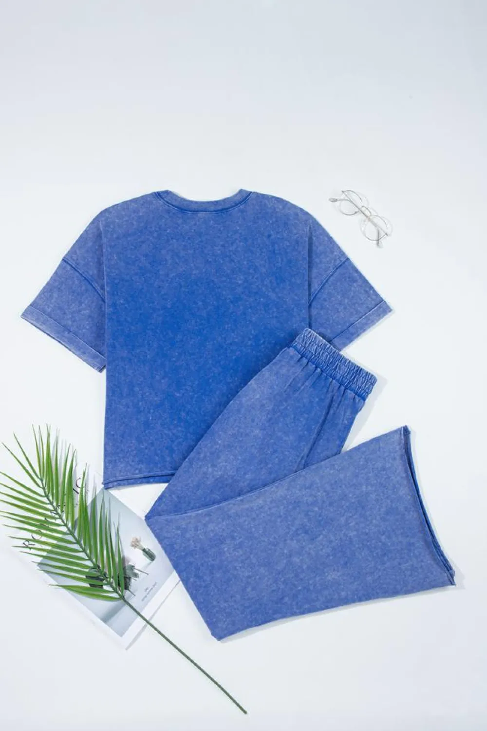 Fashion Dear-Lover Acid Wash Star Patched Rolled Trim Pants Set Ashleigh Blue