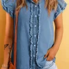 Hot Dear-Lover Button Front Ruffled Flutter Frayed Denim Top Ashleigh Blue