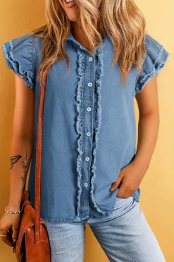 Hot Dear-Lover Button Front Ruffled Flutter Frayed Denim Top Ashleigh Blue