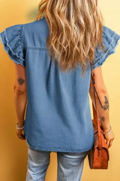 Hot Dear-Lover Button Front Ruffled Flutter Frayed Denim Top Ashleigh Blue