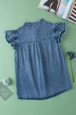 Hot Dear-Lover Button Front Ruffled Flutter Frayed Denim Top Ashleigh Blue