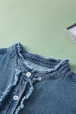 Hot Dear-Lover Button Front Ruffled Flutter Frayed Denim Top Ashleigh Blue