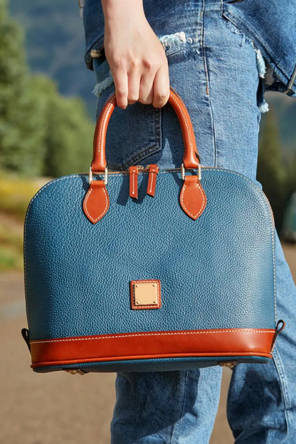 Discount Dear-Lover Color Contrast PU Leather Zipper Tote Bag Ashleigh Blue