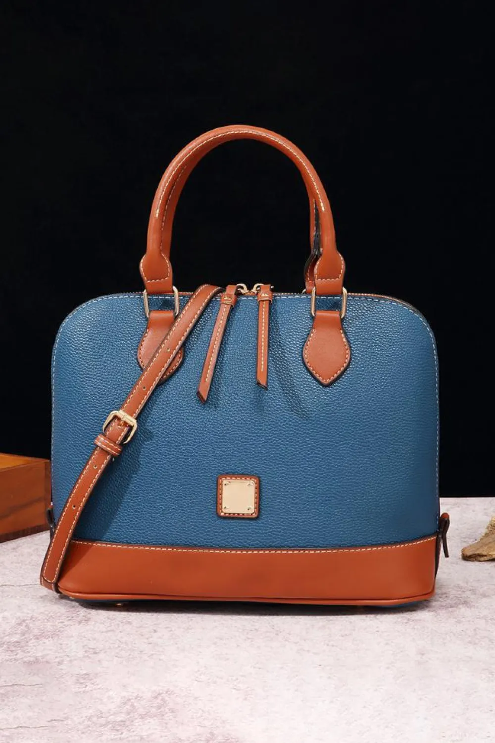 Discount Dear-Lover Color Contrast PU Leather Zipper Tote Bag Ashleigh Blue