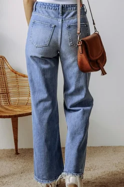 Sale Dear-Lover Distressed Raw Hem Straight Leg High Waist Jeans Ashleigh Blue