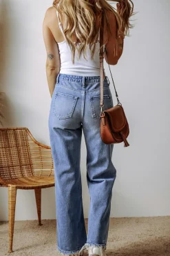 Sale Dear-Lover Distressed Raw Hem Straight Leg High Waist Jeans Ashleigh Blue