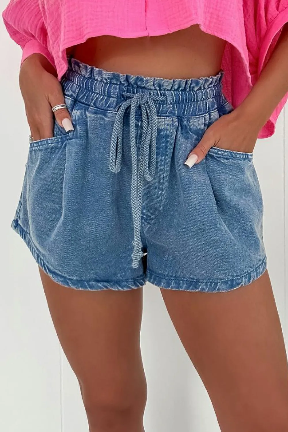 Clearance Dear-Lover Drawstring High Waist Casual Denim Shorts with Pockets Ashleigh Blue