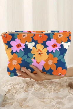 Discount Dear-Lover Flower Print Zipper Corduroy Large Cosmetic Bag Ashleigh Blue