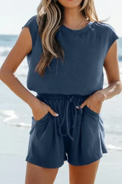 Best Dear-Lover Knit Open Back Cap Sleeve Drawstring Romper Ashleigh Blue