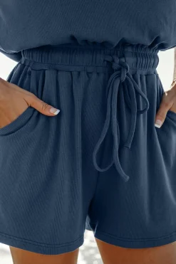 Best Dear-Lover Knit Open Back Cap Sleeve Drawstring Romper Ashleigh Blue