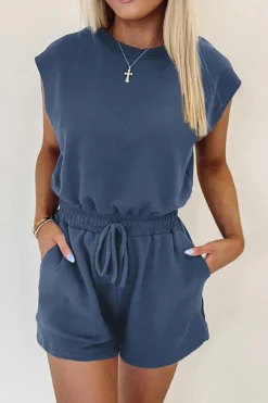 Best Dear-Lover Knit Open Back Cap Sleeve Drawstring Romper Ashleigh Blue