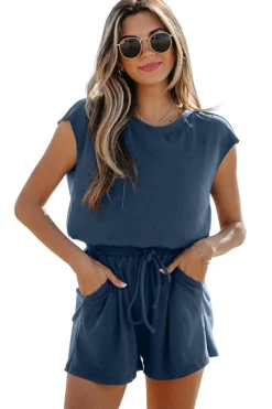 Best Dear-Lover Knit Open Back Cap Sleeve Drawstring Romper Ashleigh Blue