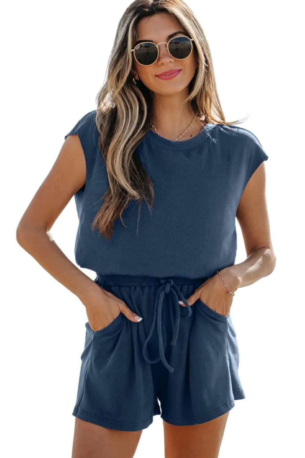 Best Dear-Lover Knit Open Back Cap Sleeve Drawstring Romper Ashleigh Blue
