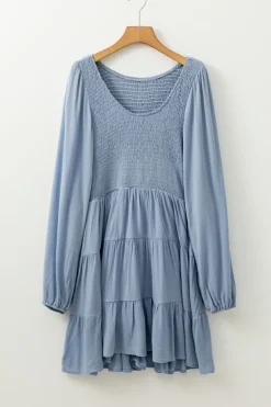 Online Dear-Lover Long Sleeve V Neck Smocked Tiered Mini Dress Ashleigh Blue